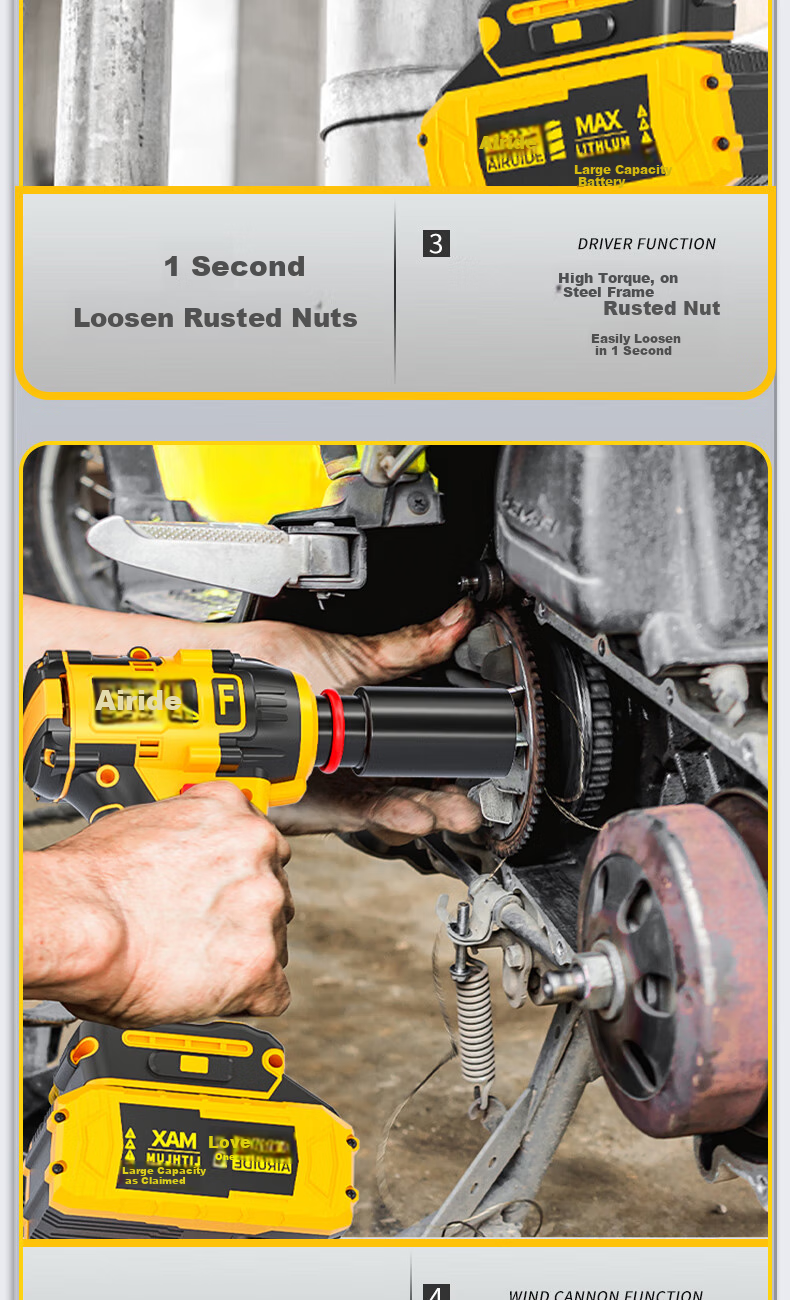 Airuide 780N Lithium Battery Electric Wrench, High Torque Brushless Electric Wrench, Impact Wrench, Electric Drill, Pneumatic Impact Wrench, Socket Set, Power Tool 10