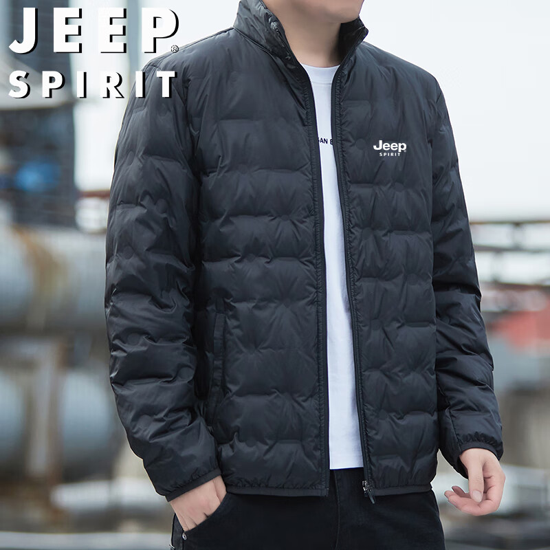 JEEP SPIRIT Men's Autumn Winter Down Jacket Stand Collar Casual Loose Fit Plus Size Coat Black XL