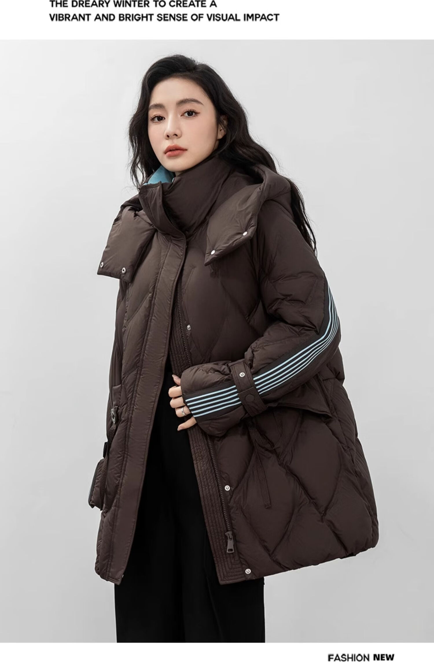 BLOOM FLOWERS Women's Down Jacket 2025 Winter Mid-Length Solid Color Striped Fashion Casual Hooded Warm Coat 23