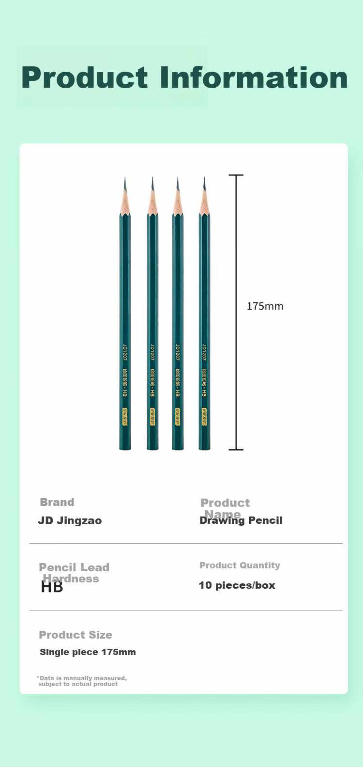 JD Original HB Green Handle Drawing Pencils, 10-Pack, Classic Hexagonal Wooden Handle Pencils, Children's Student Exam Art Drawing Sketch Writing Practice School Supplies 8