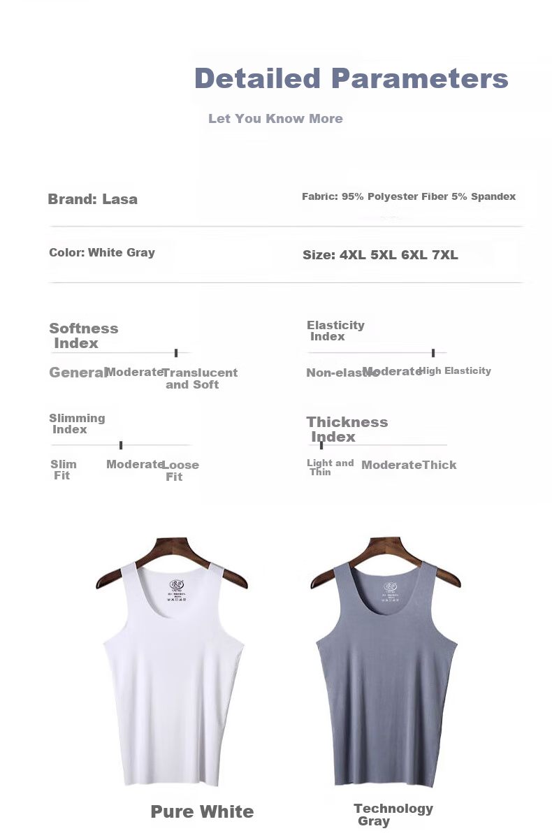 LangSha 2-Pack Large Size Undershirt for Men, Thin Style, Cuttable, 7A Antibacterial Seamless Ice Silk Vest, Modal Cool-Feeling Undershirt 10