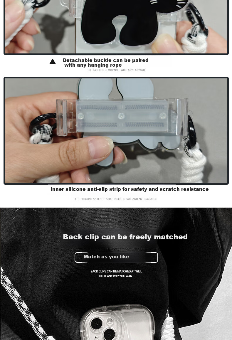 Dipuer Detachable Phone Strap with Adjustable Crossbody Sling, Neck Strap, Anti-Loss And Drop Protection, Cartoon Design, Suitable for All Phones, Black Cat 3
