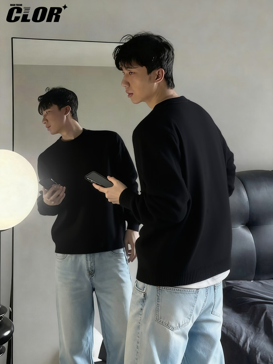 CLOR Round Neck Sweater Unisex Autumn Winter Lazy Style Knitwear Cleanfit Base Layer MYC11 Black M 1