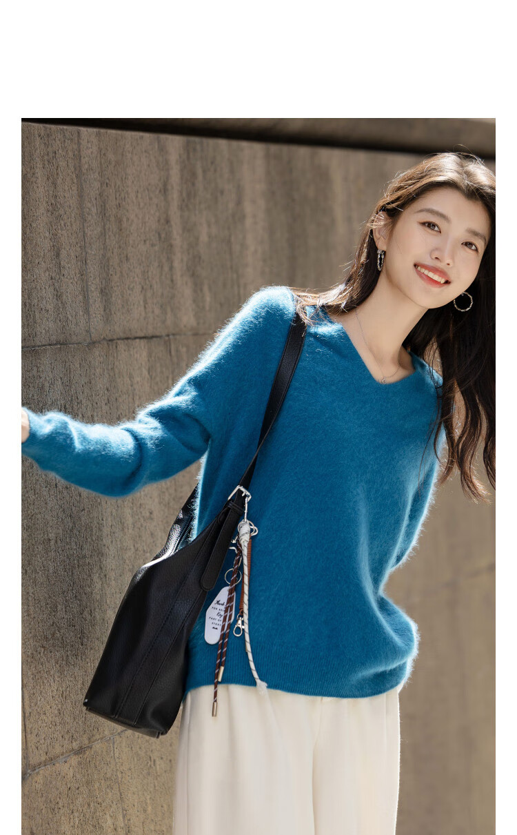 Dme 【Voluminous Merino Wool】Winter V-Neck Drop Shoulder Ribbed Fleece Knit Sweater for Women 2