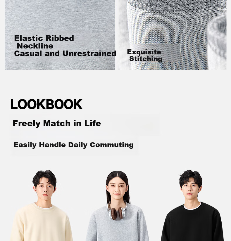 MINISO Men's Winter Thickened Fleece Simple Casual Youth Trendy Crewneck Pullover Sweatshirt Light Beige L 4