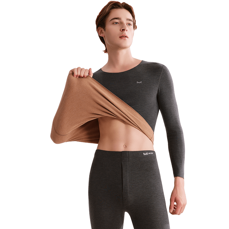 MiiOW [Camel Silk] Men's Thermal Underwear Set, De Rong Heat-Generating, Seamless, Fleece-Lined, Thickened Warm Autumn and Winter Set