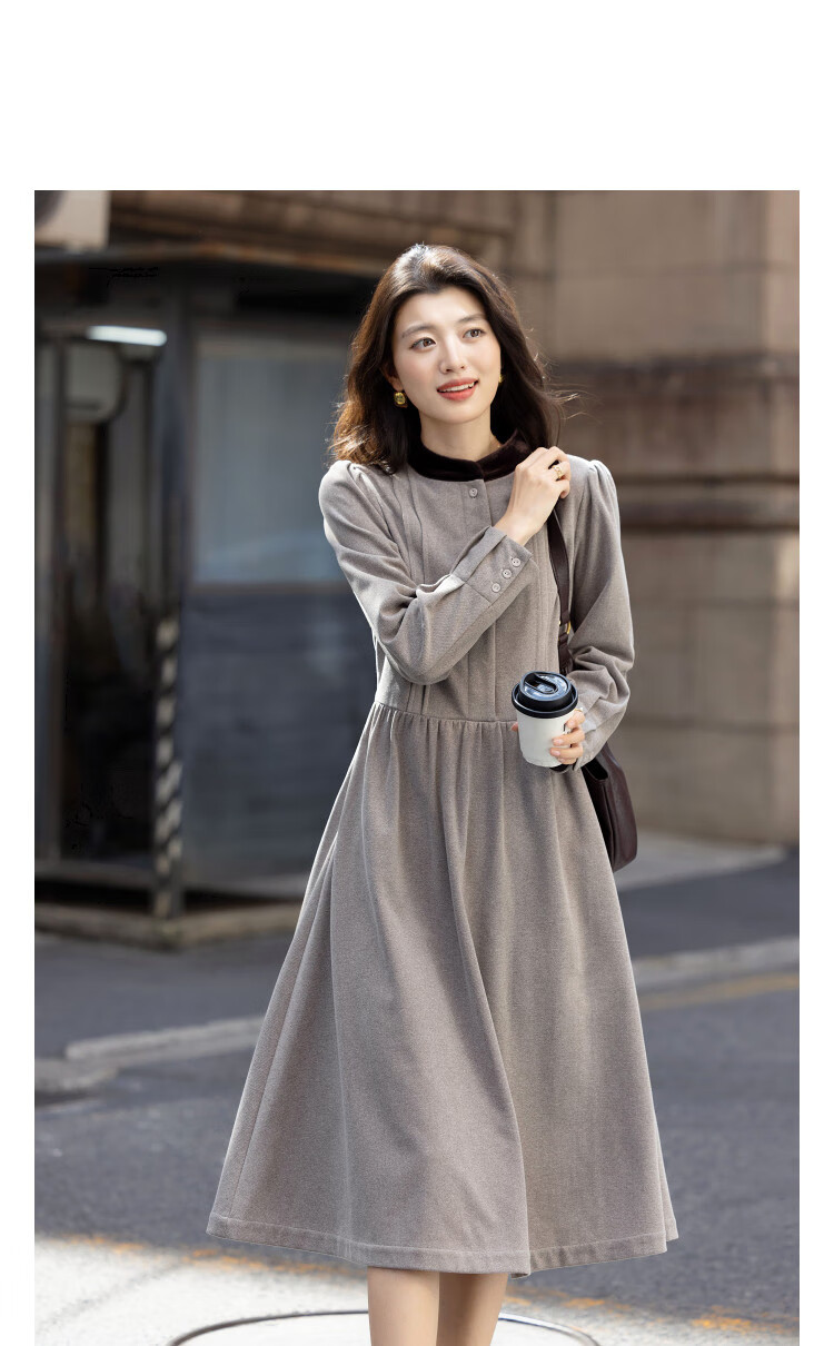 Demana [Reissue Elegance] Winter Colorblock Stand Collar Puff Sleeve Flared A-Line Knit Wool Blend Warm Women's Dress 2