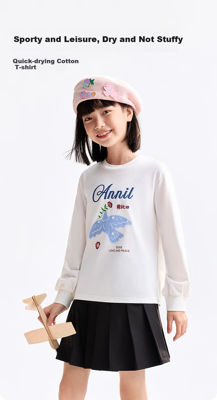 Annil [100% Cotton Quick-Dry T-Shirt] Girls' Round Neck Long-Sleeve T-Shirt, 2025 Autumn New Sports Base Layer 1