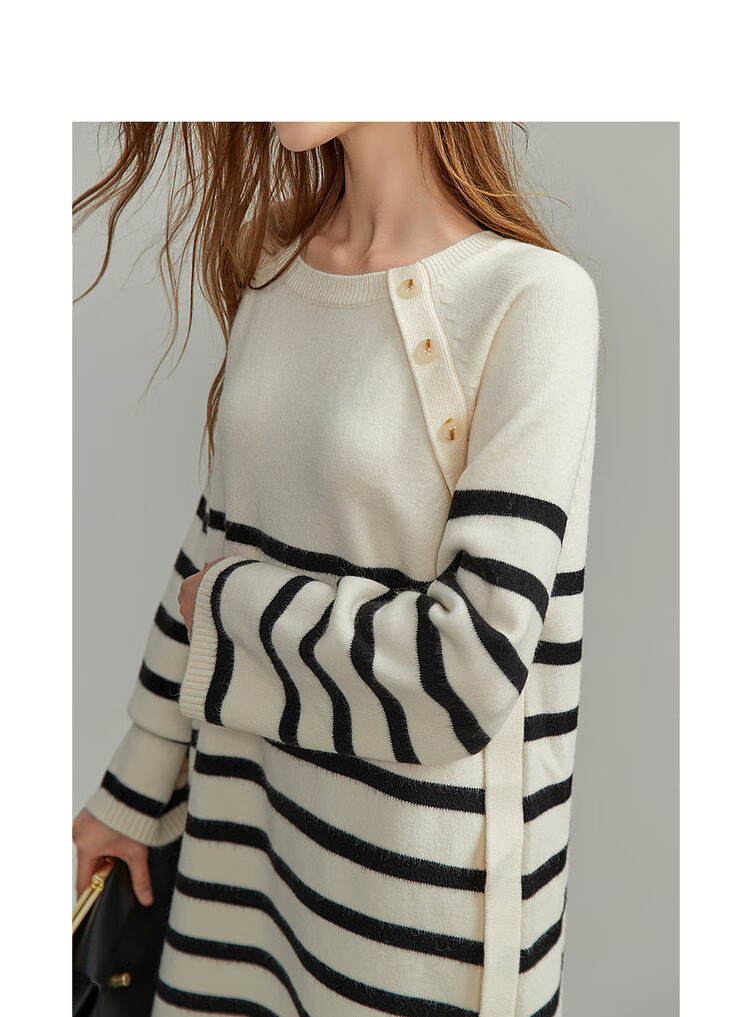 Demana Minimalist Spring Autumn Crew Neck Striped Velvet Yarn Straight Asymmetric Button Mid-Length Dress for Women 3