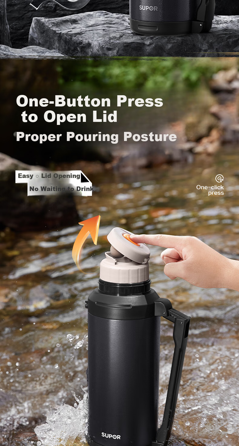 SUPOR Insulated Bottle, 316L Stainless Steel, Large Capacity Thermos, Car Water Bottle, Outdoor Travel Flask, Hot Water Bottle, 2.0L, Gree 10