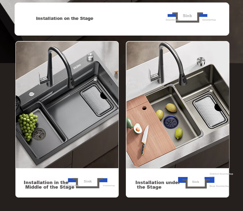 Haier Large Single Sink, Kitchen Thickened 304 Stainless Steel Vegetable Washing Basin, Integrated Hand-Washing Sink, Food Prep Sink with Strainer 24