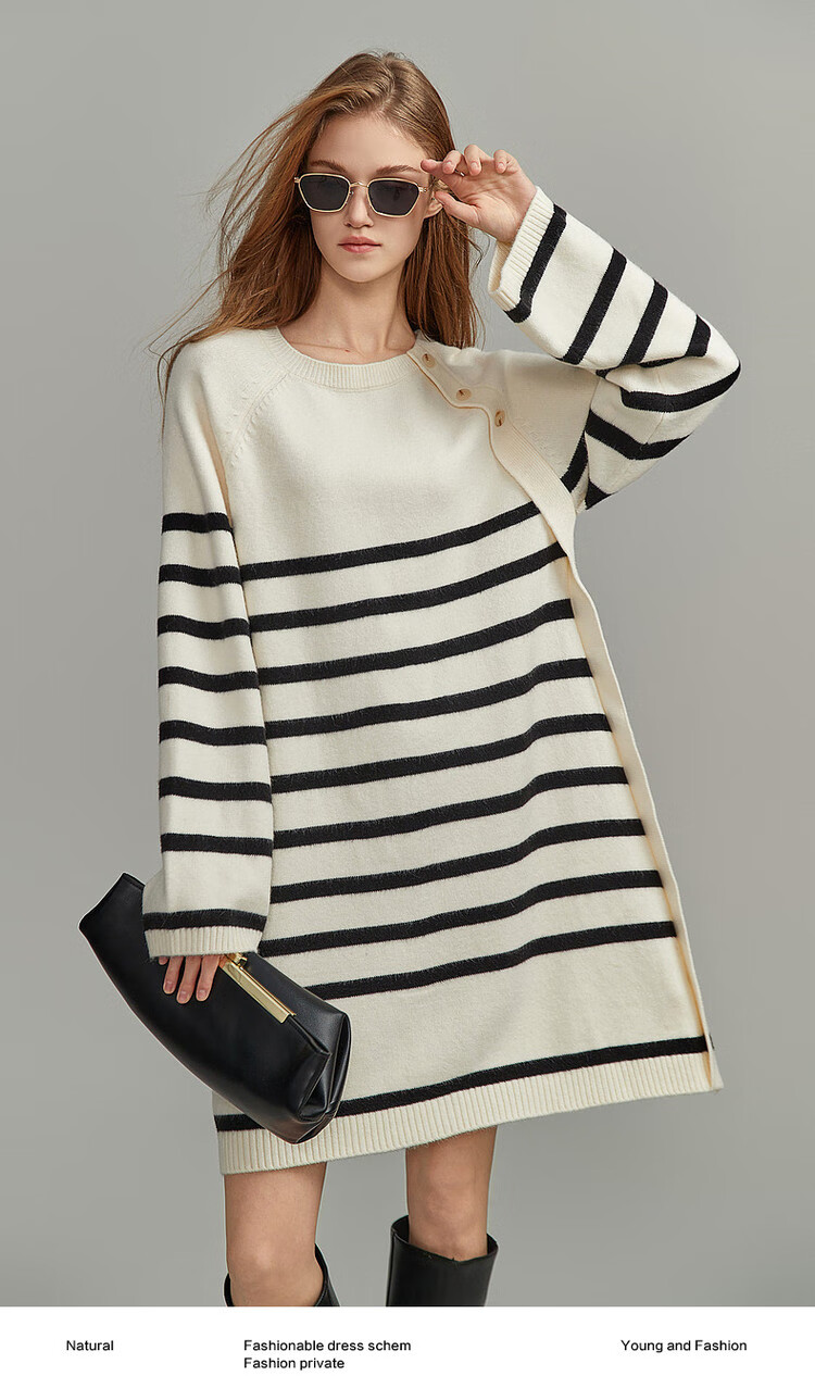 Demana Minimalist Spring Autumn Crew Neck Striped Velvet Yarn Straight Asymmetric Button Mid-Length Dress for Women 2