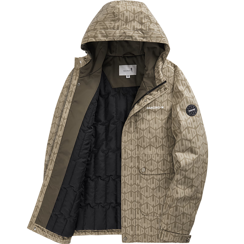 DANCING WOLVES Padded Lightweight Letter Print Fashion Men's Hooded Jacket 701 Khaki L