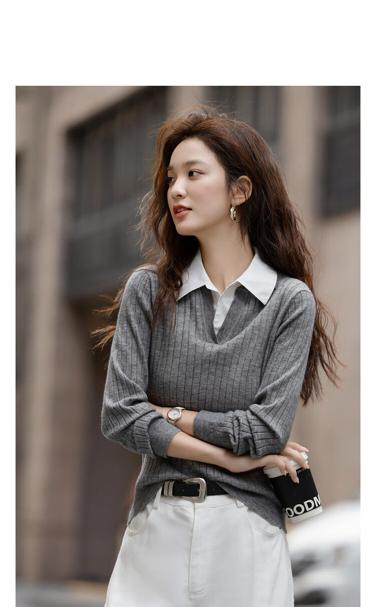Demana Relaxed Cloud Breath Autumn Two-in-One Spliced Shirt with Detachable V-Neck Collar Elegant Knit Top 1