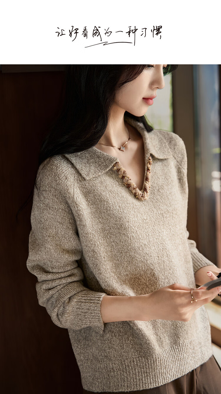 Demana Smart Slow Life Winter Colorblock Ribbon V-Neck Knit Sweater for Petite Women 1