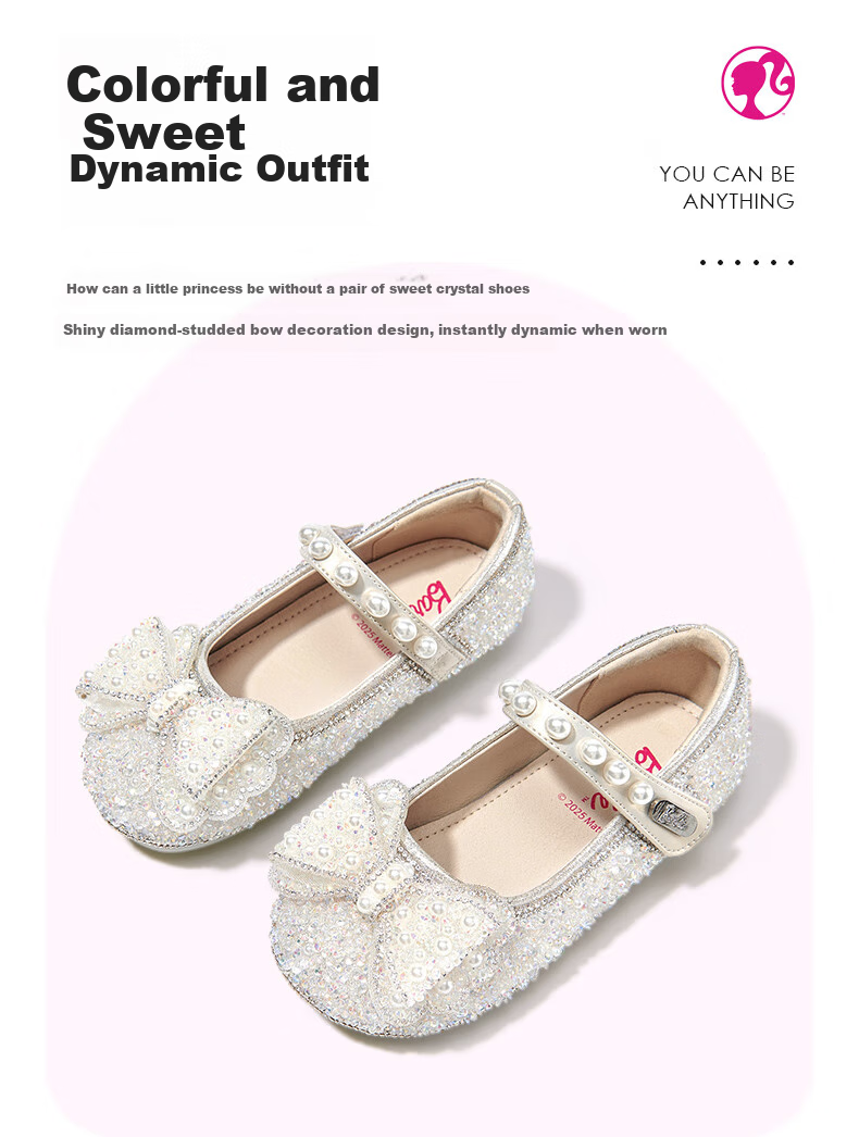 Barbie Girls' Spring And Autumn Pearl Crystal Shoes, Rhinestone Girls' Fashion Leather Shoes, Stage DA6719, Beige, Size 33 3