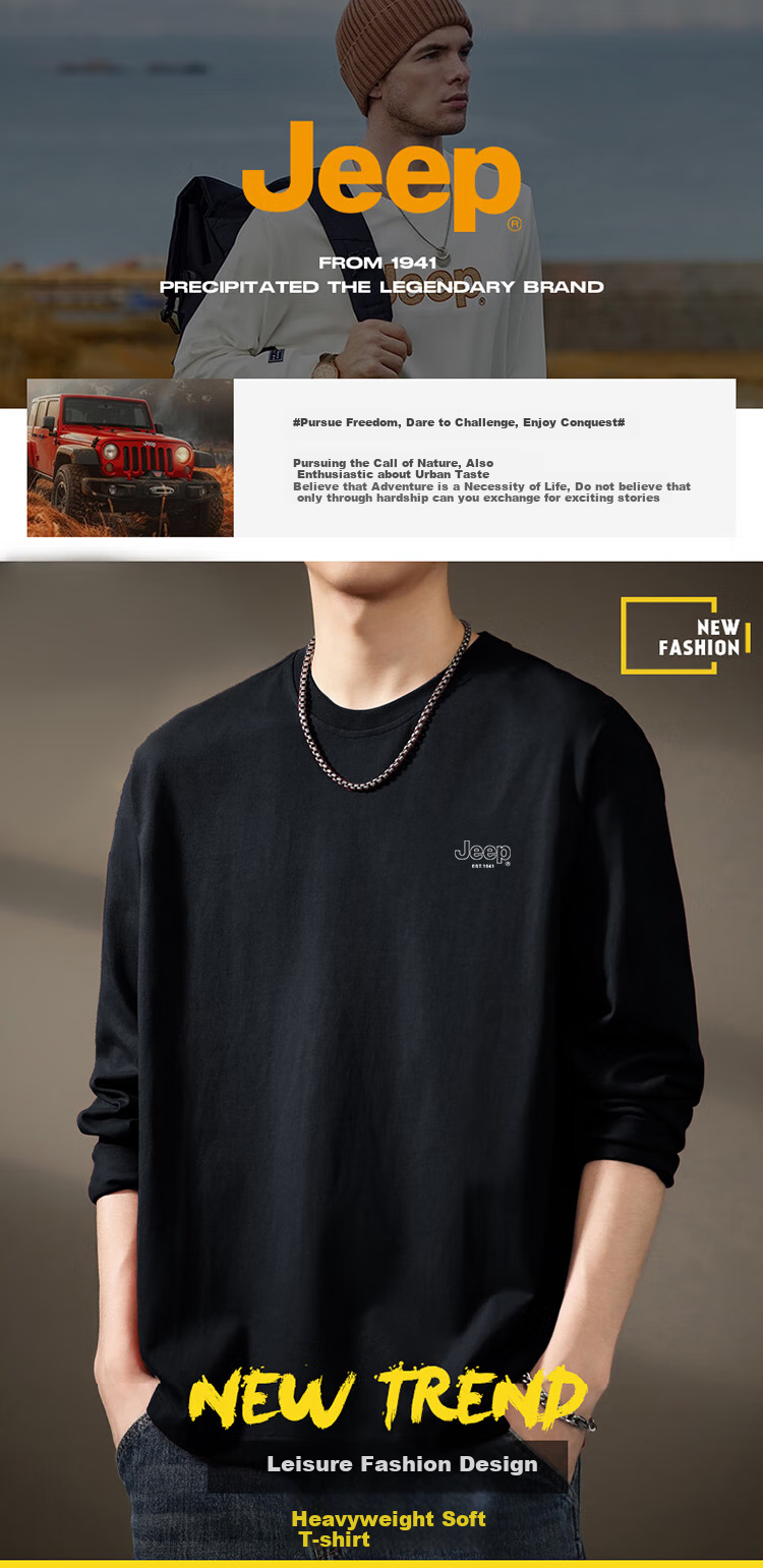 JEEP Men's Long-Sleeve T-Shirt, Loose-Fit Round Neck Undershirt for Spring And Autumn, Pure Cotton Versatile Top, Men's Clothing, Black, M 1