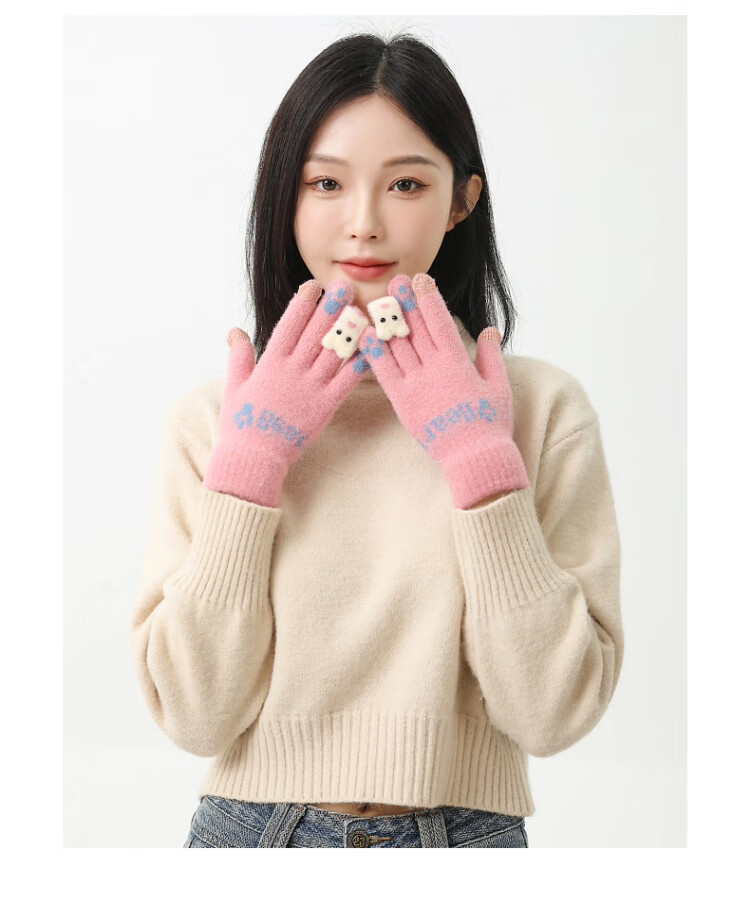 XUEXIMAN Plush Knitted Five-Finger Gloves Women's Winter Warm Thickened Student Touchscreen Cycling Cold Windproof Gloves 3