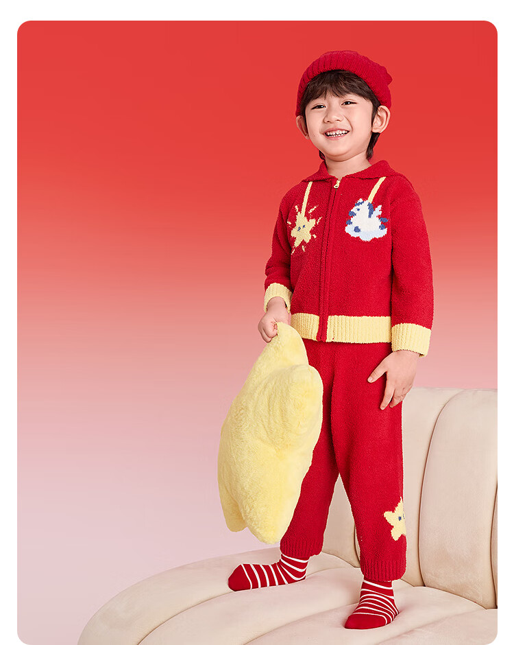 Balabala Kids Homewear Set Boys Girls 2026 New Spring National Style Pajamas Red Plush New Year 1