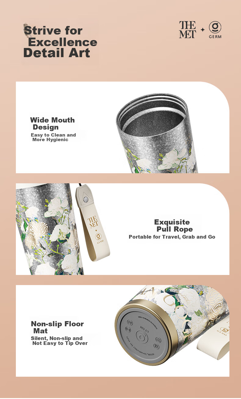 Germ Pure Titanium Insulated Mug for Women, Dual-Drinking Straw Coffee Cup Gift Box Water Bottle Mid-Autumn Festival Gift Cup 500ML Cherry Blossom 13