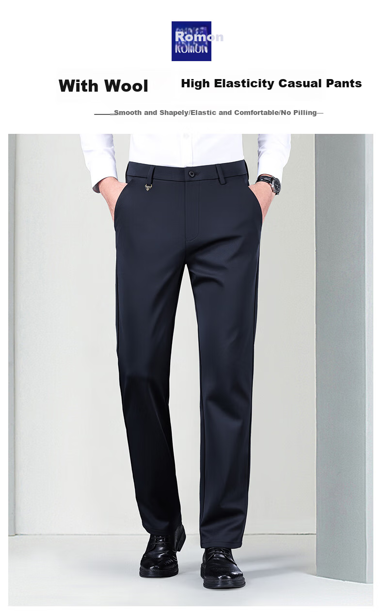 ROMON [Contains Wool] Elastic Wrinkle-Resistant Casual Pants for Men, Business Suit Pants, Straight-Leg Trousers for Middle-Aged And Young Men, Dad Style 1