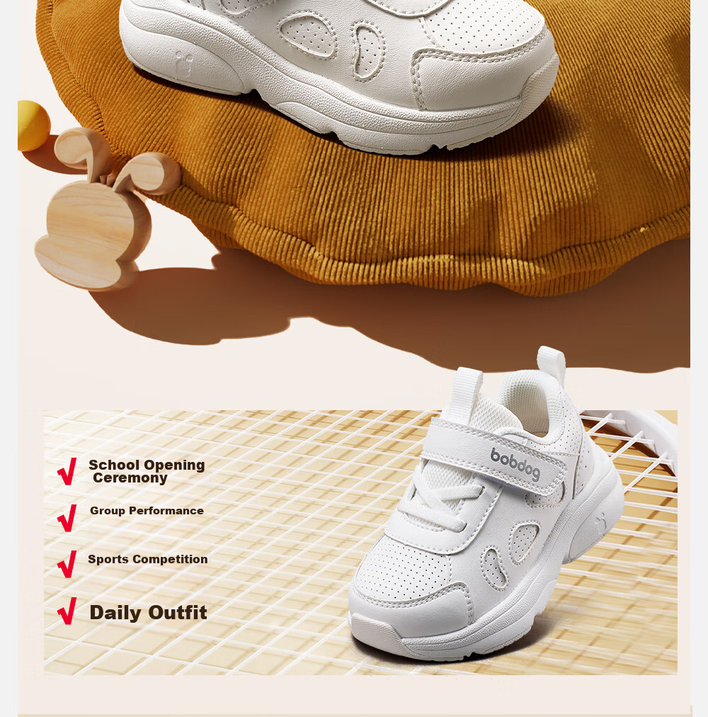BOBDOG Children's Shoes, Toddler Walking Shoes for Boys And Girls, Spring And Autumn Versatile School White Shoes, Sneakers, Academy White, Size 24 4