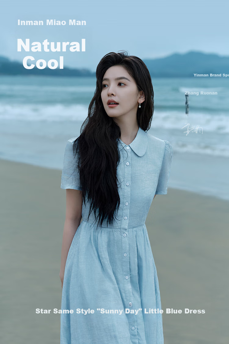 INMAN INMAN [Runway Style] Ramie French Doll Collar Dress for Women, Summer 2026 New Light Blue M 1