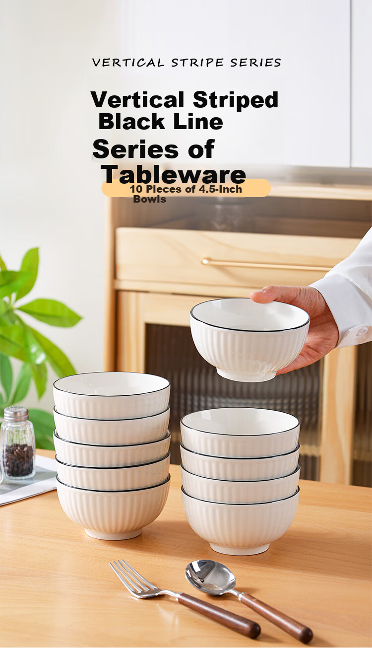 Hechuanwu Ceramic Bowls, Simple Pure White Small Bowls for Home Use, 4.5-Inch Rice Bowls And Soup Bowls Set, 10-Piece Set, Vertical Black Lines 1