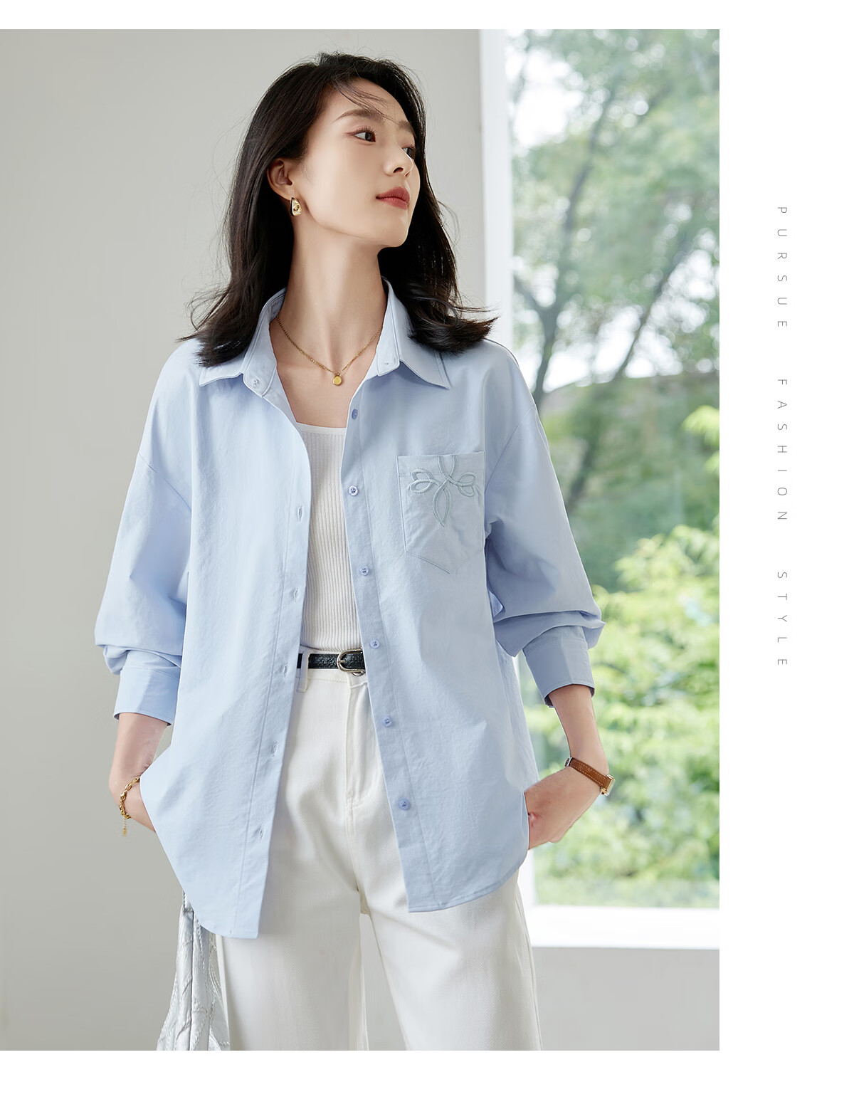 Chushen Women's Spring and Autumn Long Sleeve Shirt Embroidered Pocket Design Loose Simple Commuter Blouse S143C2031 14
