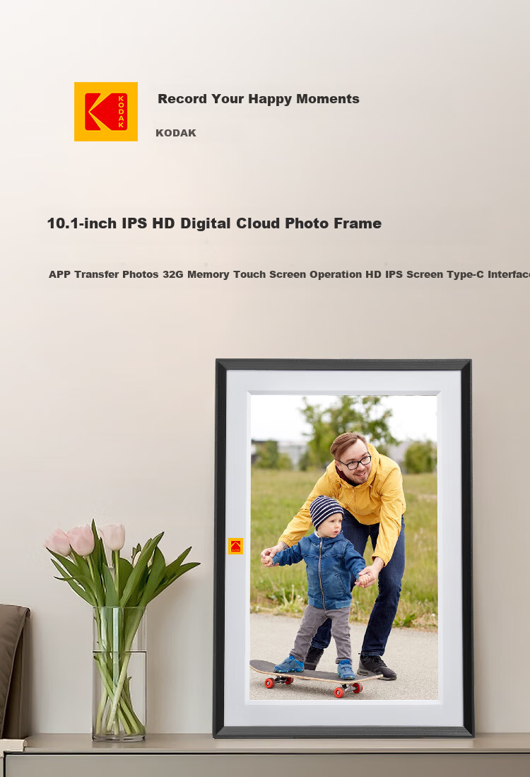 KODAK 1013F Digital Photo Frame 10.1-inch HD Smart Touchscreen Remote Photo and Video Player Rechargeable/Plug-in Wood Color 1