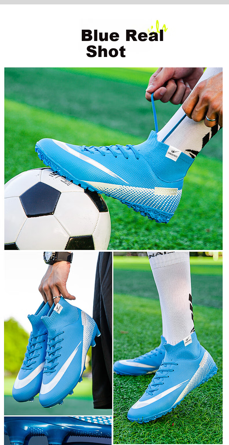 Double Star Bate Men's Football Shoes Adult Grass Long Studs FG Wear-Resistant Artificial Turf Leather Competition Blue Training Shoes Men 18