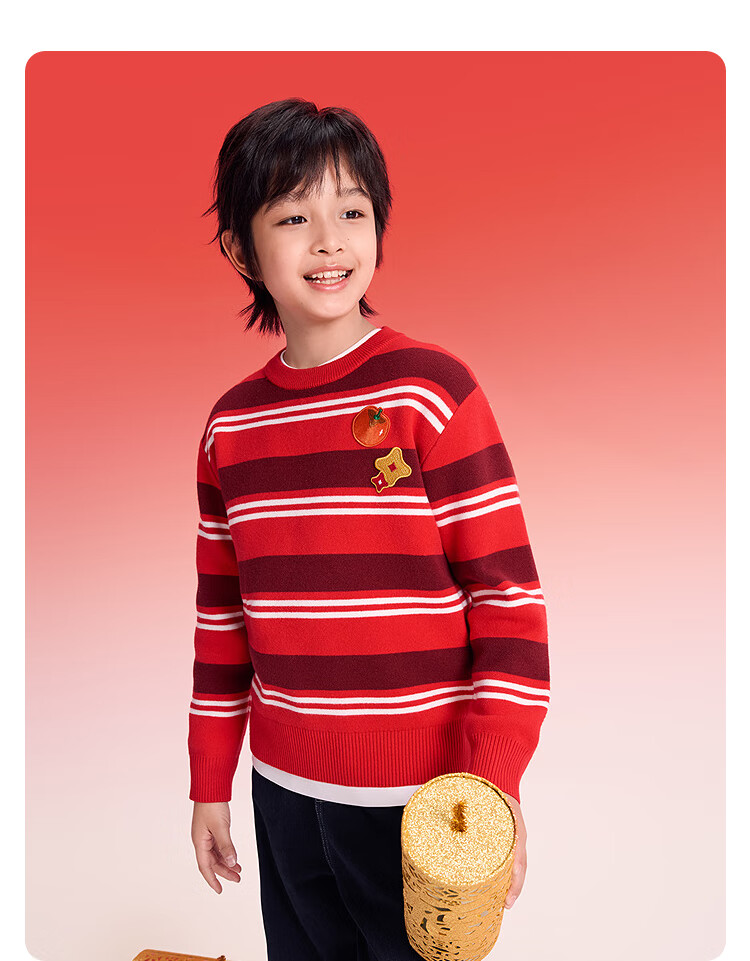 Balabala [balaOne] Kids Boys and Girls Striped Knit Sweater Red New Year Festival Autumn Winter Children's Sweater 1