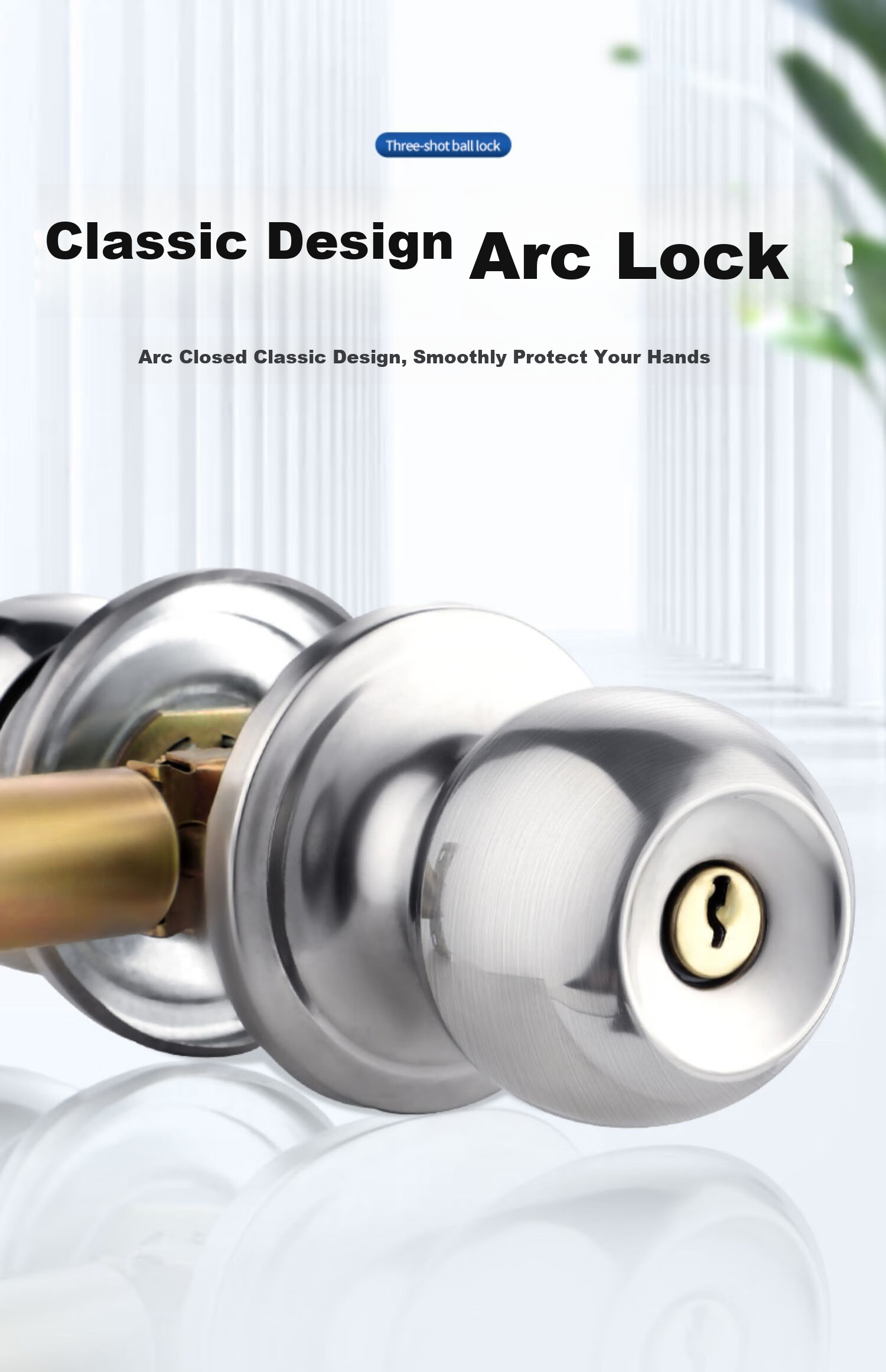 Chugong Three-Rod Bathroom Spherical Lock, Stainless Steel Plastic Steel Aluminum Alloy Door Ball Lock, Adjustable 60/70 Lock Tong 2