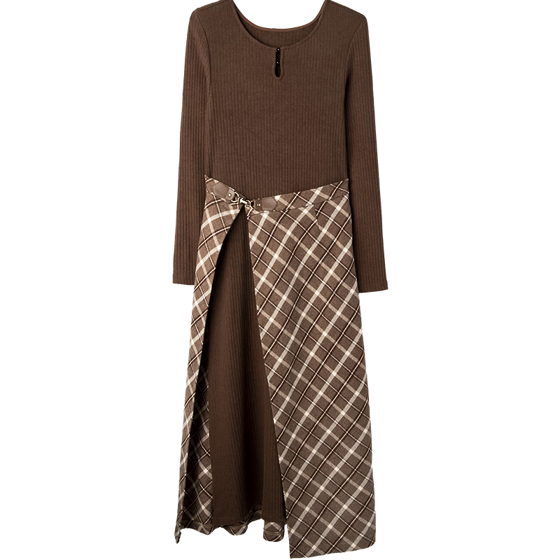Demana "Past Stories" Autumn Urban Vintage Style Plaid Patchwork Decorative Buckle Petite Women's Dress