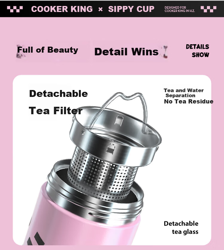 COOKER KING Insulated Mug, 316 Stainless Steel, Stylish Design for Women, Tea Infuser Cup with Straw, Large Capacity Water Bottle for Children, 600ml 13