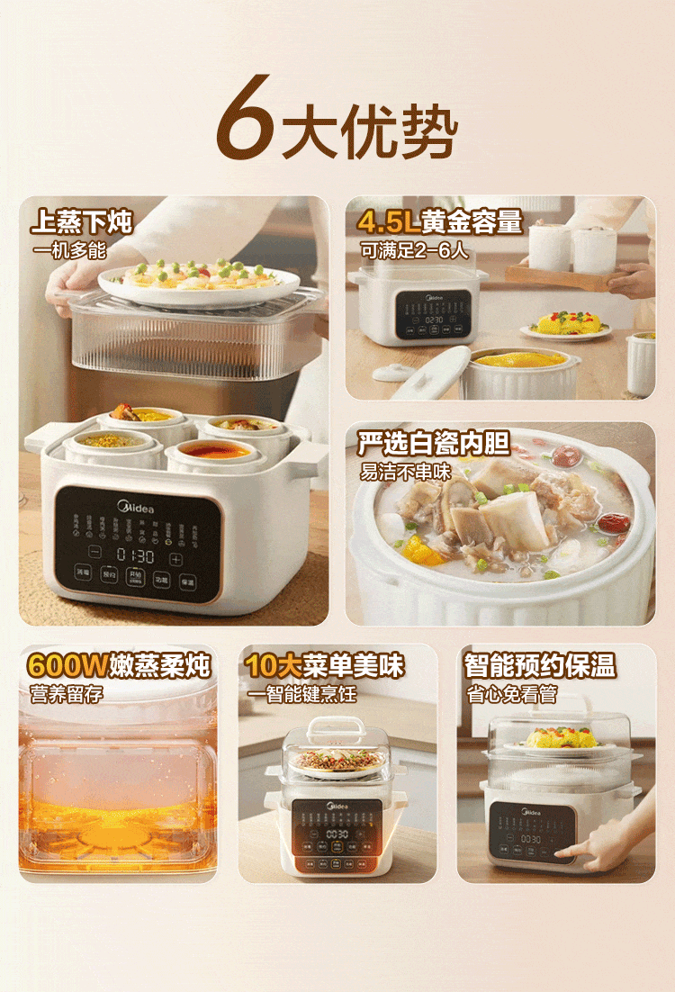 Midea Electric Stew Pot, Steamer Pot, Cooking Pot, Baby Food Steaming And Stewing All-In Electric Stew Cup, Soup Pot, Non-Coated Stainless Steel Electric Hot Pot, Baby Food Pot, Porridge Cooker, Double Boiler, Direct Stewing Soup Pot DZE1088 4