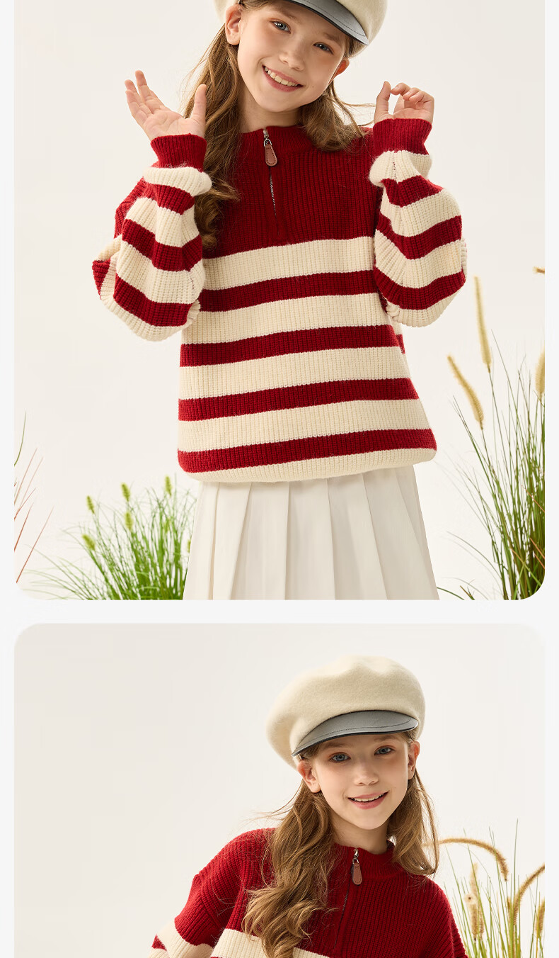 Baleno Kids Sweater 2025 Winter New Boys Half-Placket Striped Pullover Fleece-Lined Knitwear for Older Children 6
