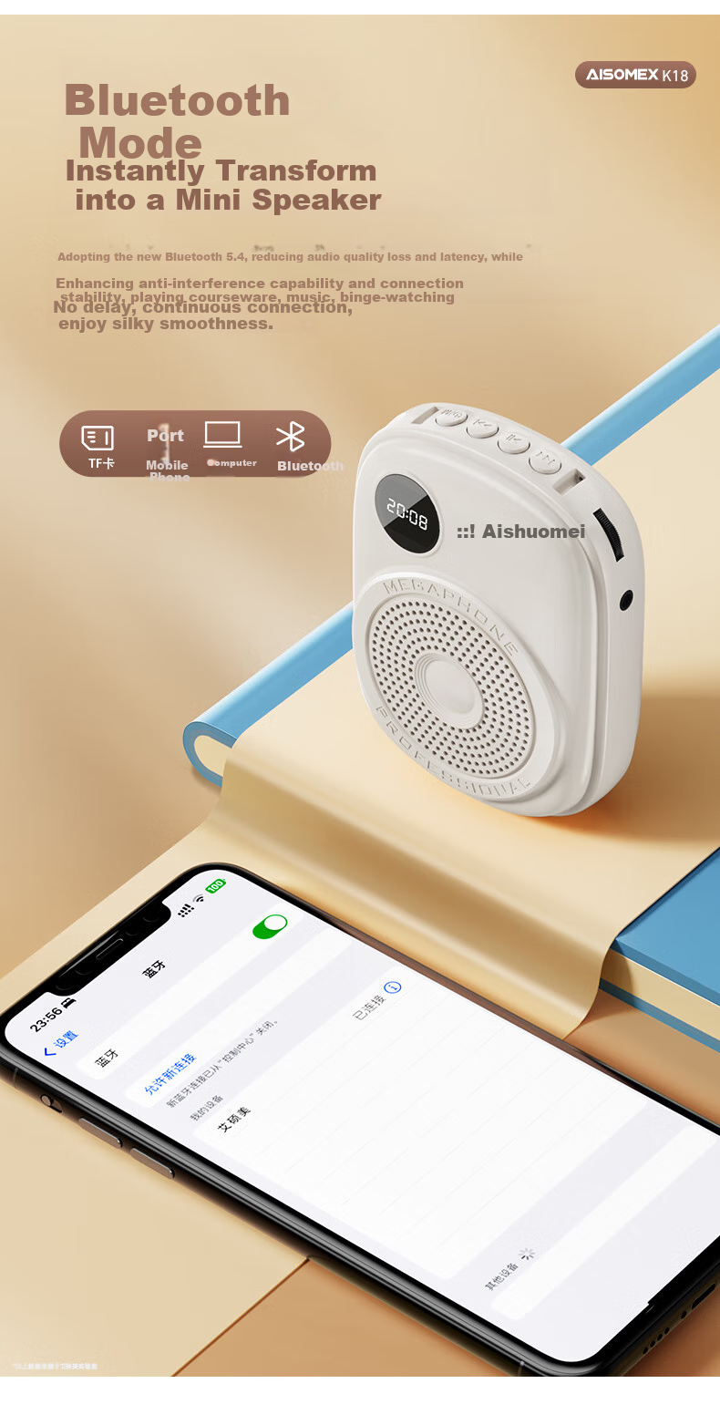 AISOMEX Portable Amplifier for Teachers, Classroom Teaching Bluetooth Wireless Microphone, Outdoor Tour Guide Shopping Small Loudspeaker K18 Wireless White 7