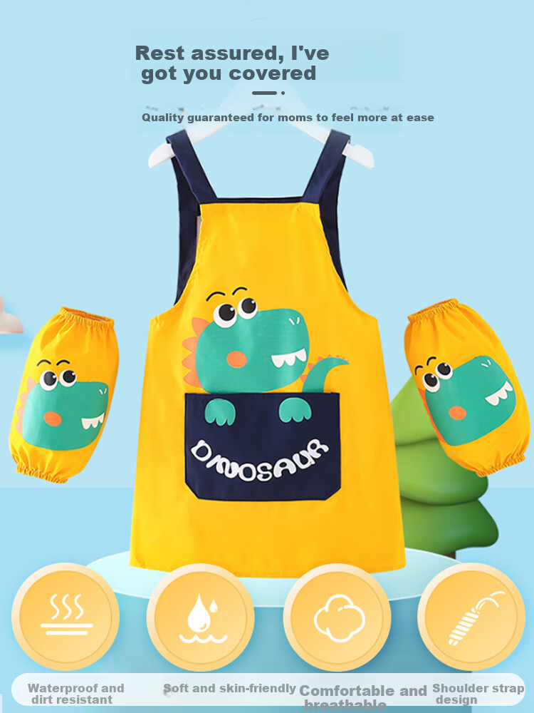 9I9 Children's Apron, Drawing Smock, Waterproof Baby Sleeve Covers, Kindergarten Eating Splash-Proof Clothing, Dinosaur A12 3