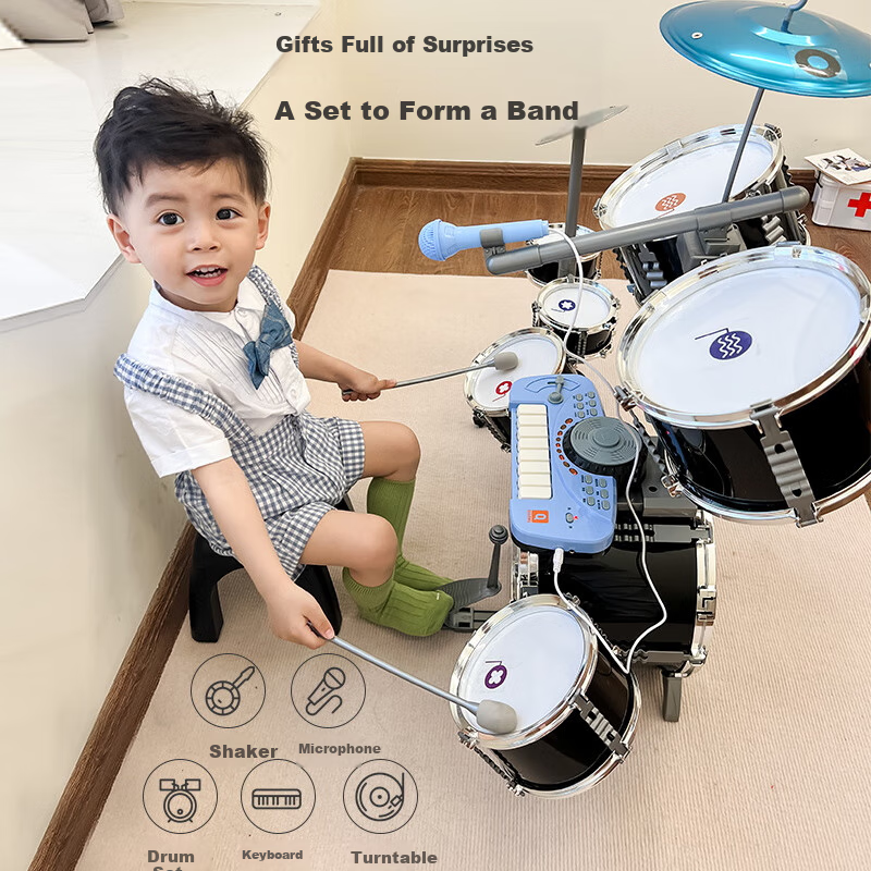 QIAO WA BAO BEI Drum Set for Children Beginners, Boys And Girls Aged 1-3 Large Jazz Drums with DJ Kit