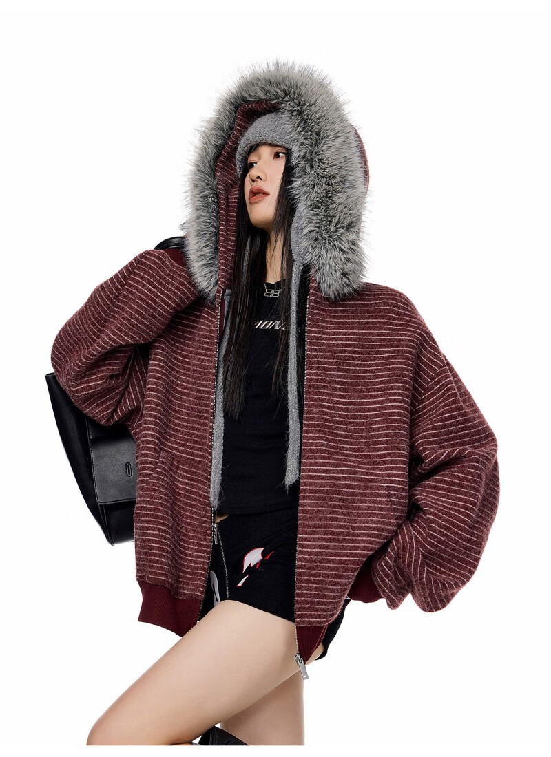 ICH MODE Women's American Style Hooded Striped Jacket with Fur Collar Autumn Winter New Zip-up Sweatshirt Cardigan Black M 18