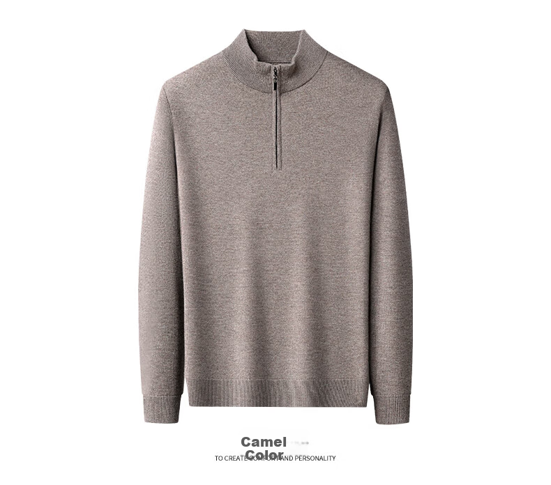 Hengyuanxiang Men's Thick Wool Sweater 100% Pure Wool Autumn Winter Zipper Half Turtleneck Warm Casual Knitwear 7
