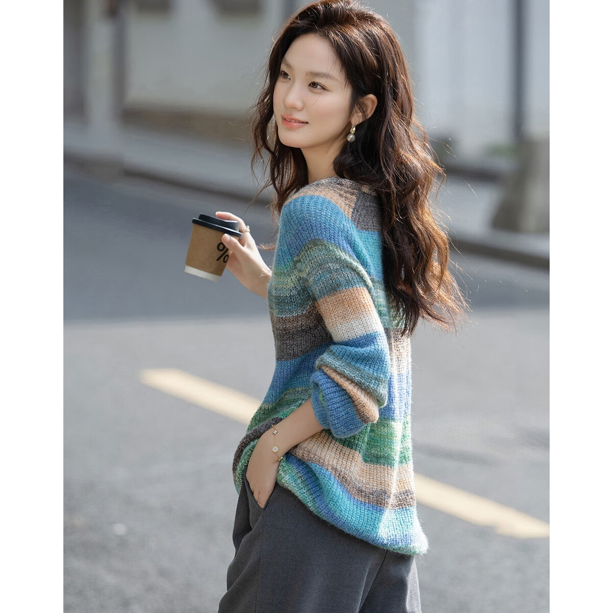Demana Autumn Sweet V-Neck Color-Block Striped Loose Fit Knit Sweater with Fluffy Wool for Women