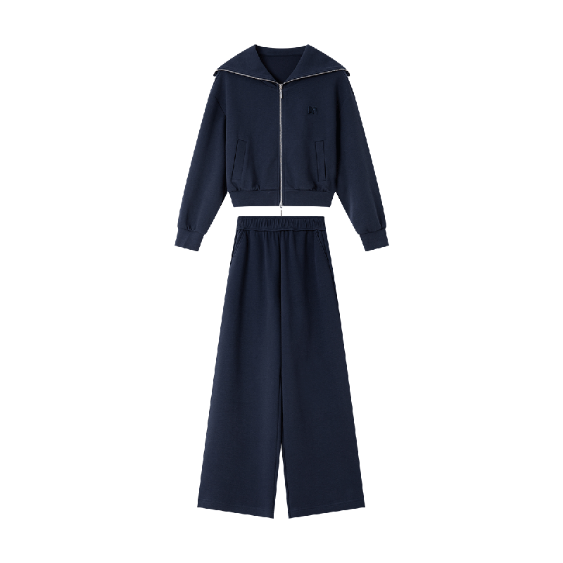 Fansiman Navy Collar Sweatshirt Set Women Autumn New Casual Jacket Wide Leg Pants Two-Piece Set Dark Blue S