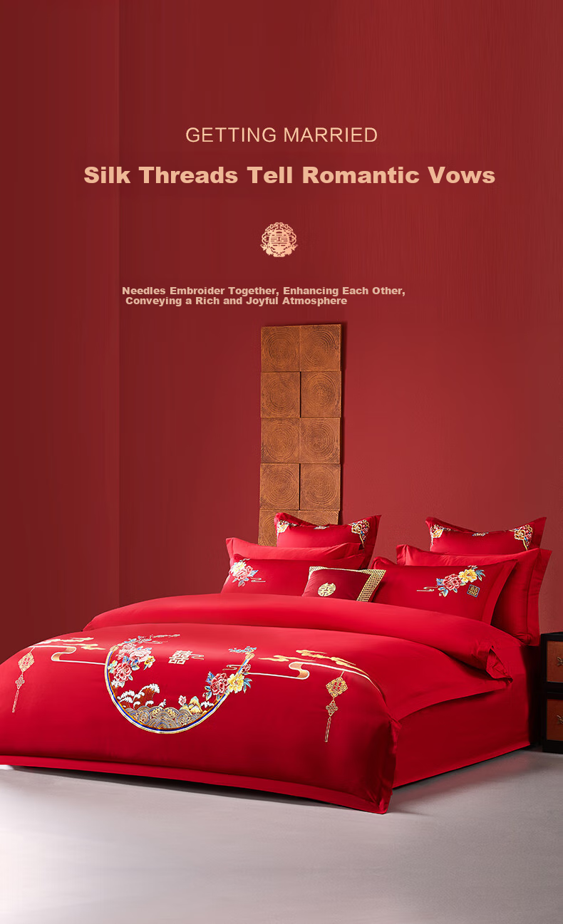 BEYOND Home Textiles Wedding Four-Piece Set, Pure Cotton, Wedding Red, 60-Count Long-Staple Cotton, Embroidered Wedding Bedding Set, Huayue, 1.8 Meters 4