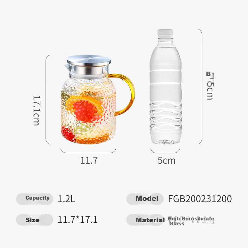 Fuguang Heat-Resistant Glass Pitcher, Large Capacity Household Juice Cup, Flower Tea Cup, Teapot, Cold Water Pitcher, Hammered Pattern Pot, 1200ML