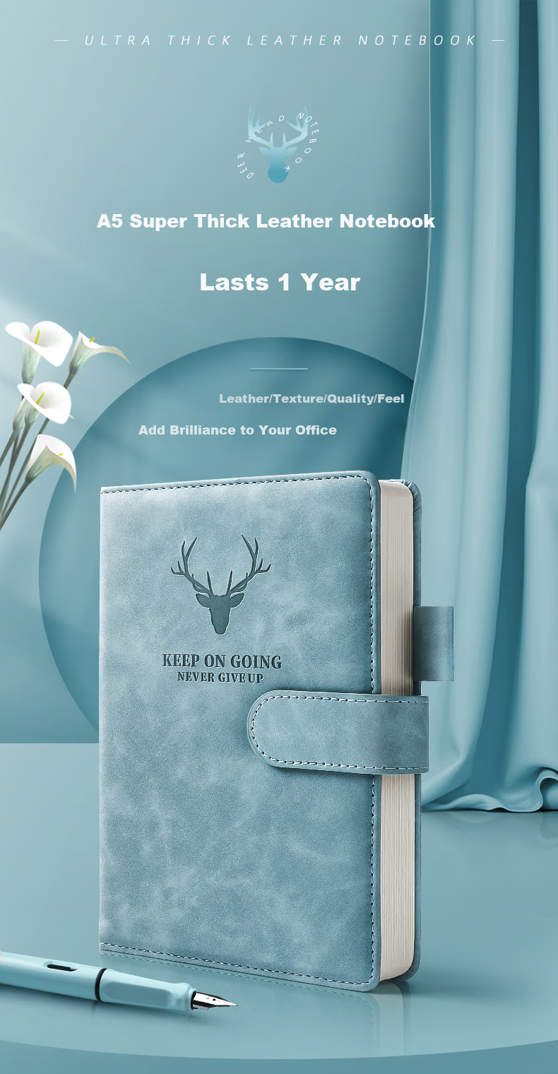 Jinzhi A5 Notebook with Magnetic Clasp, Extra Thick Business Journal, Thick College Student Diary, Office Stationery, Leather Cover Notebook, Work Book, Meeting Record Book, Smoky Blue 1