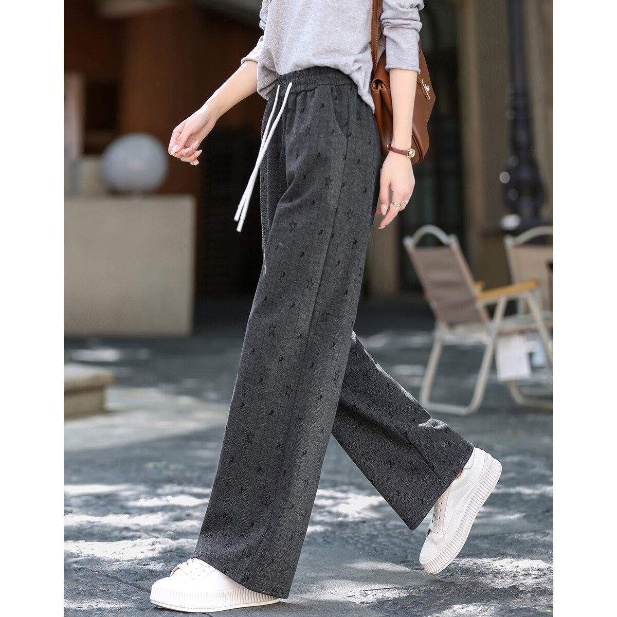 Demana Patterned Lazy Pants Autumn Korean Style Drawstring Elastic Waist Straight Leg Loose Fit Casual Pants for Petite Women