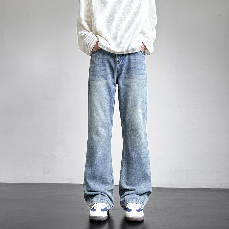 Homlean American Retro Washed Jeans, Summer Men's Fashionable Versatile Loose Straight-Leg Slightly Flared Casual Pants, SS99 Vintage Blue M