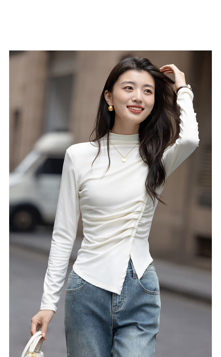 Demana [with breathable lyocell] Autumn Vintage Style Asymmetric Ruched Long Sleeve Women's Turtleneck T-Shirt 1